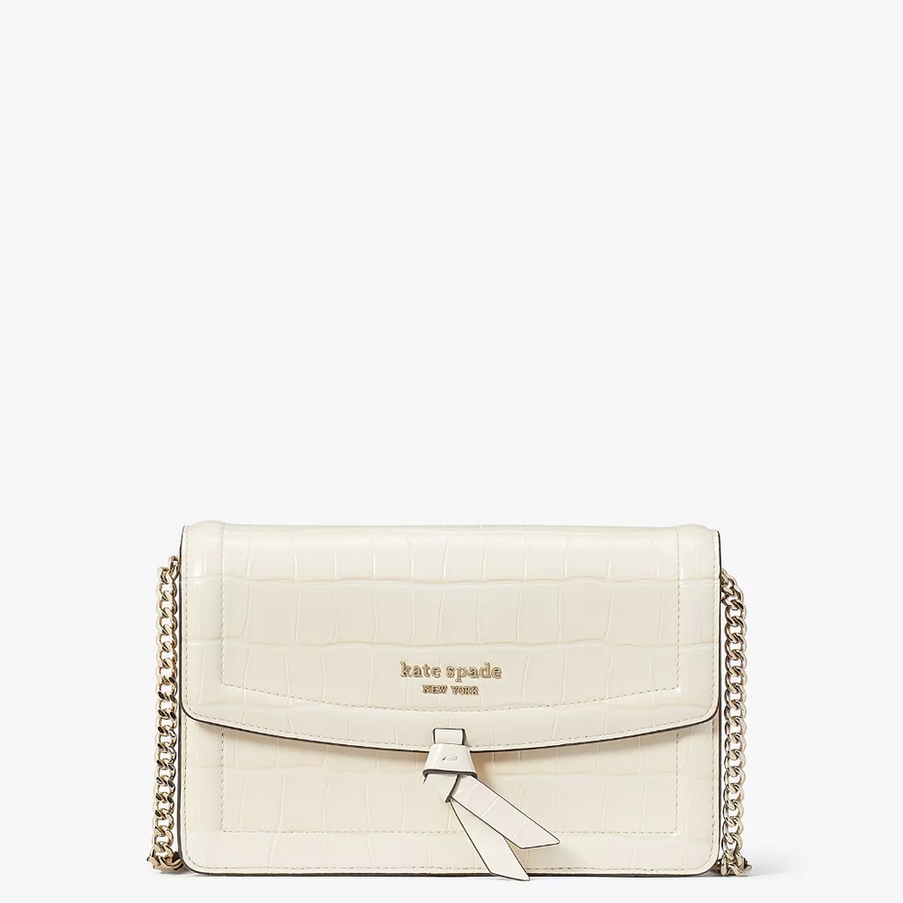 New Kate Spade Knott Croc Embossed Flap Crossbody Halo White Genuine Leather$278
